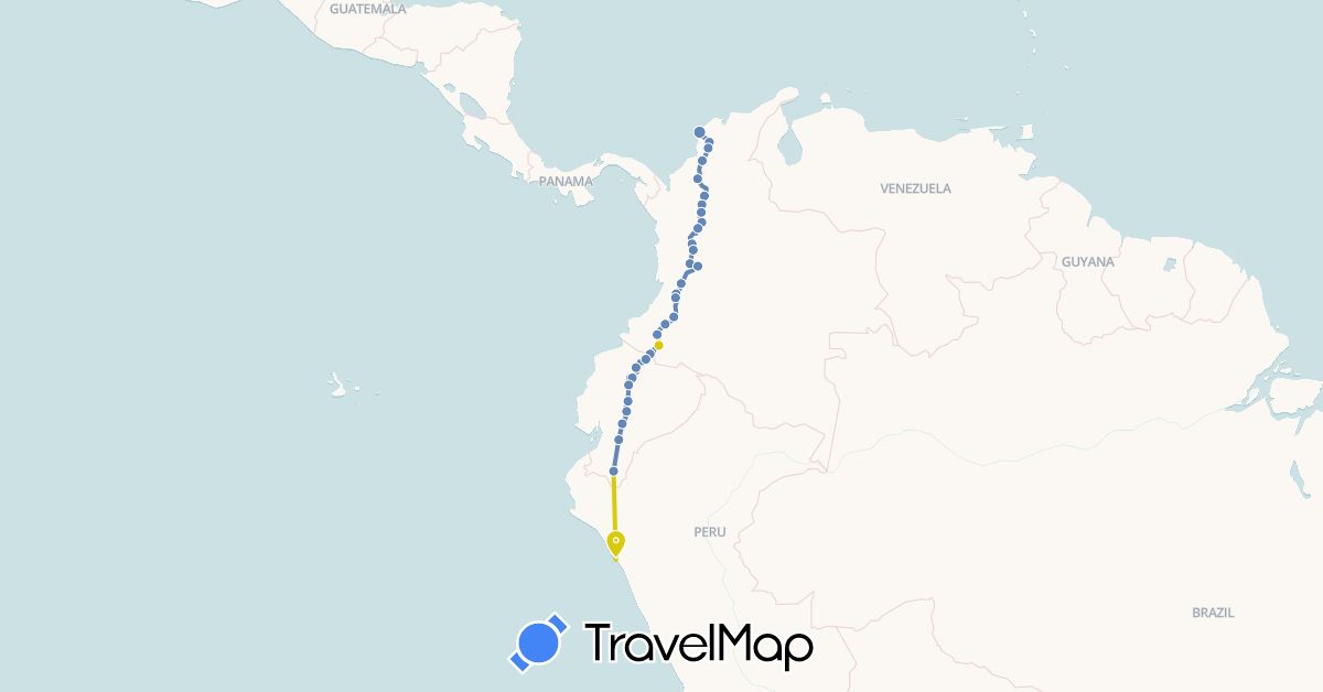 TravelMap itinerary: plane, cycling, collectivos in Colombia, Ecuador, Peru (South America)